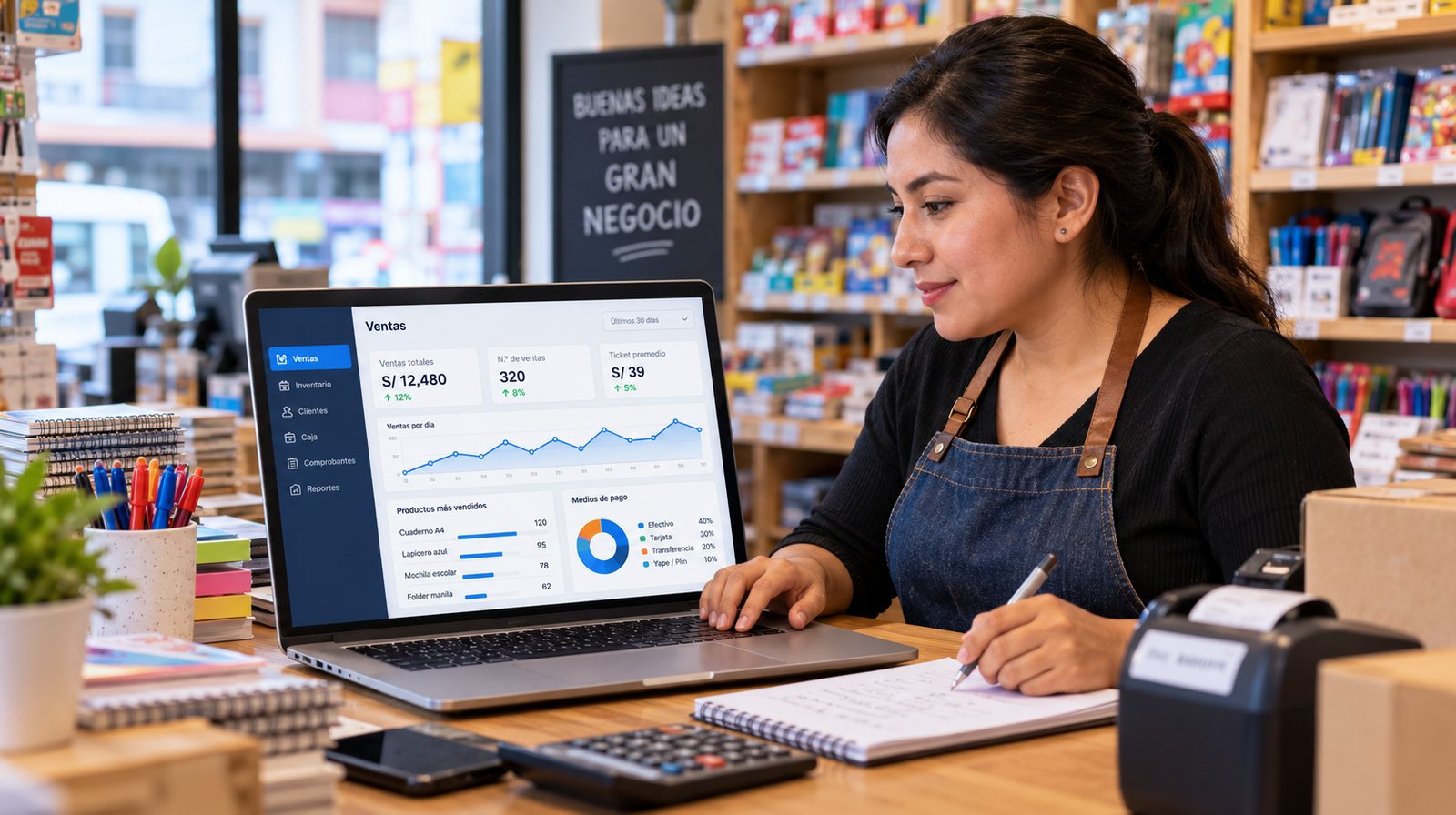 Dueña de una pequeña tienda revisando el control de ventas en un sistema de gestión